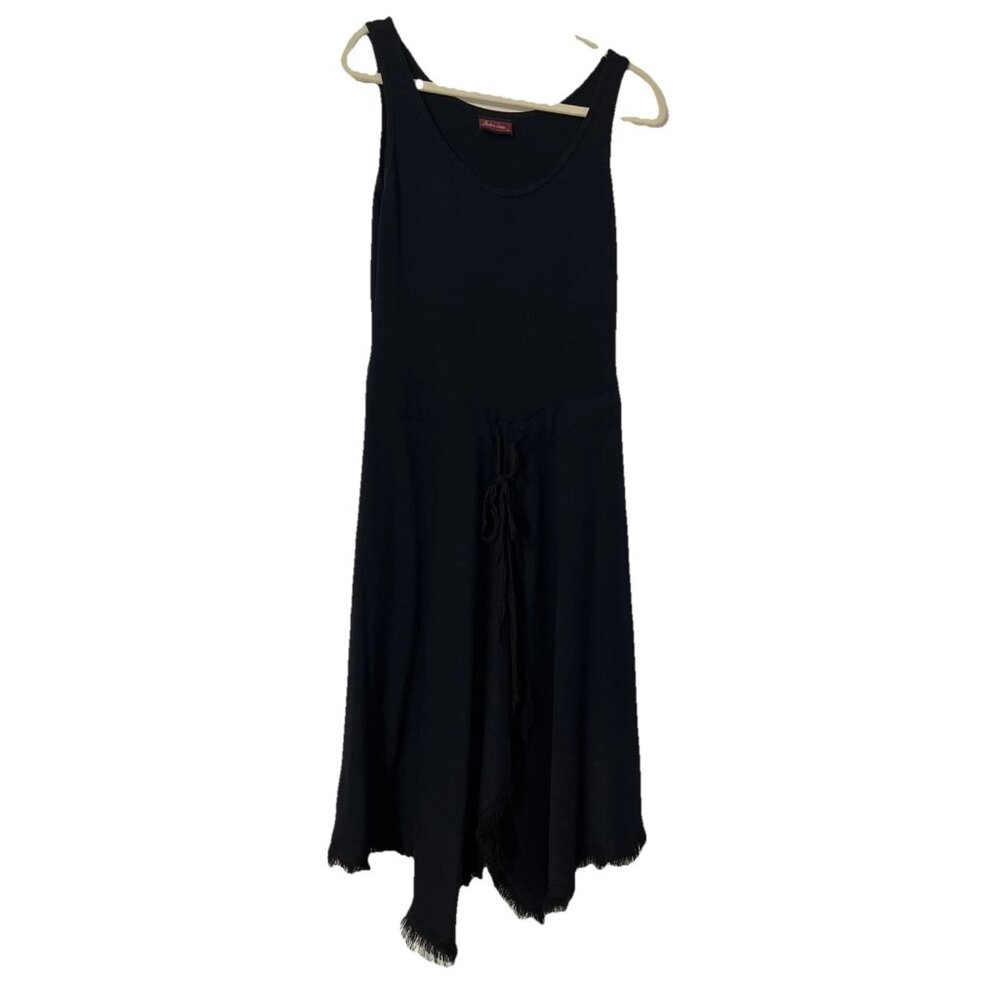 Barbara Lesser Shift Dress  Sz S Sleeveless Midi Black tie waist Asymmetrical ￼‎